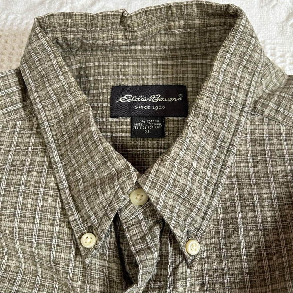 Eddie Bauer Olive Green Plaid Button-Down Shirt